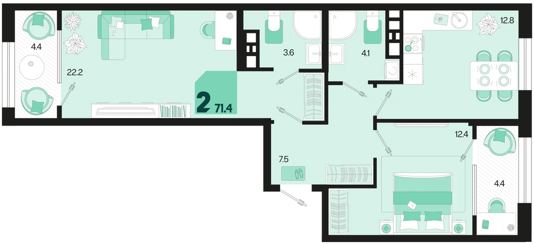 Планировка 2-комн. квартира, 71.4 м² ЖК «Первое место»