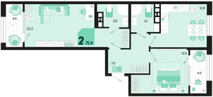 Планировка 2-комн. квартира, 71.4 м² ЖК «Первое место»