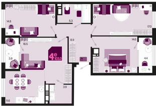 Планировка 4-комн. квартира, 103 м² ЖК «Первое место»
