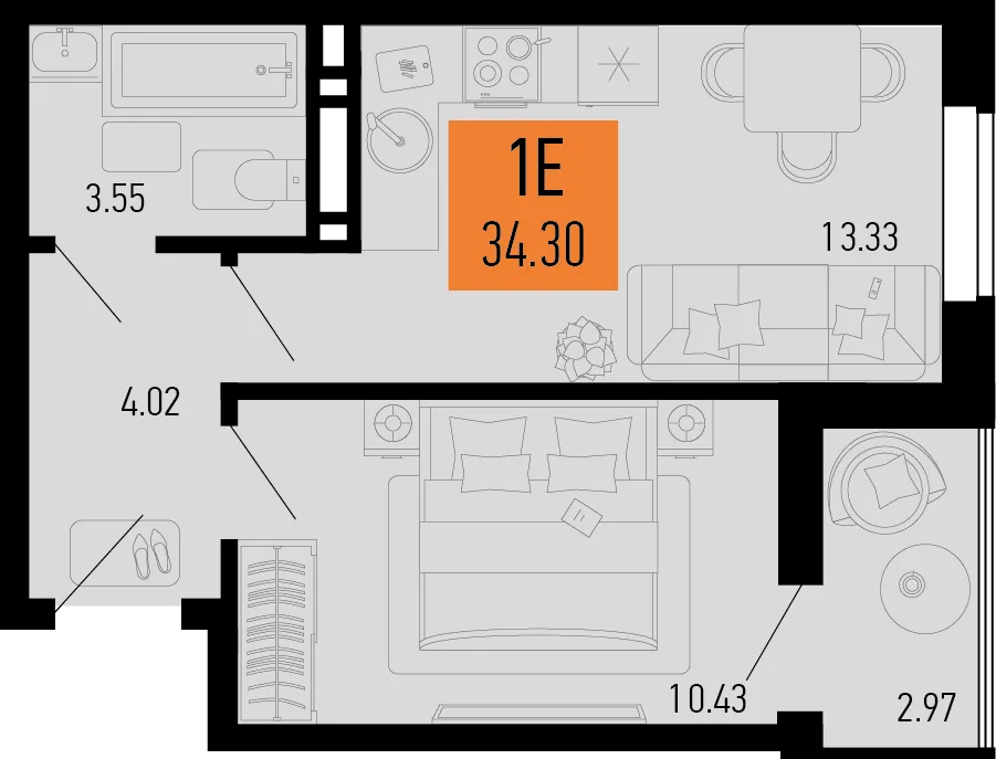 Планировка 1-комн. квартира, 34.3 м² ЖК «Столицыно»