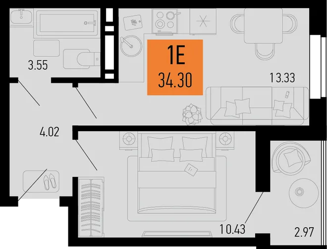 Планировка 1-комн. квартира, 34.3 м² ЖК «Столицыно» Планировка 1-комн. квартира, 34.3 м² ЖК «Столицыно»
