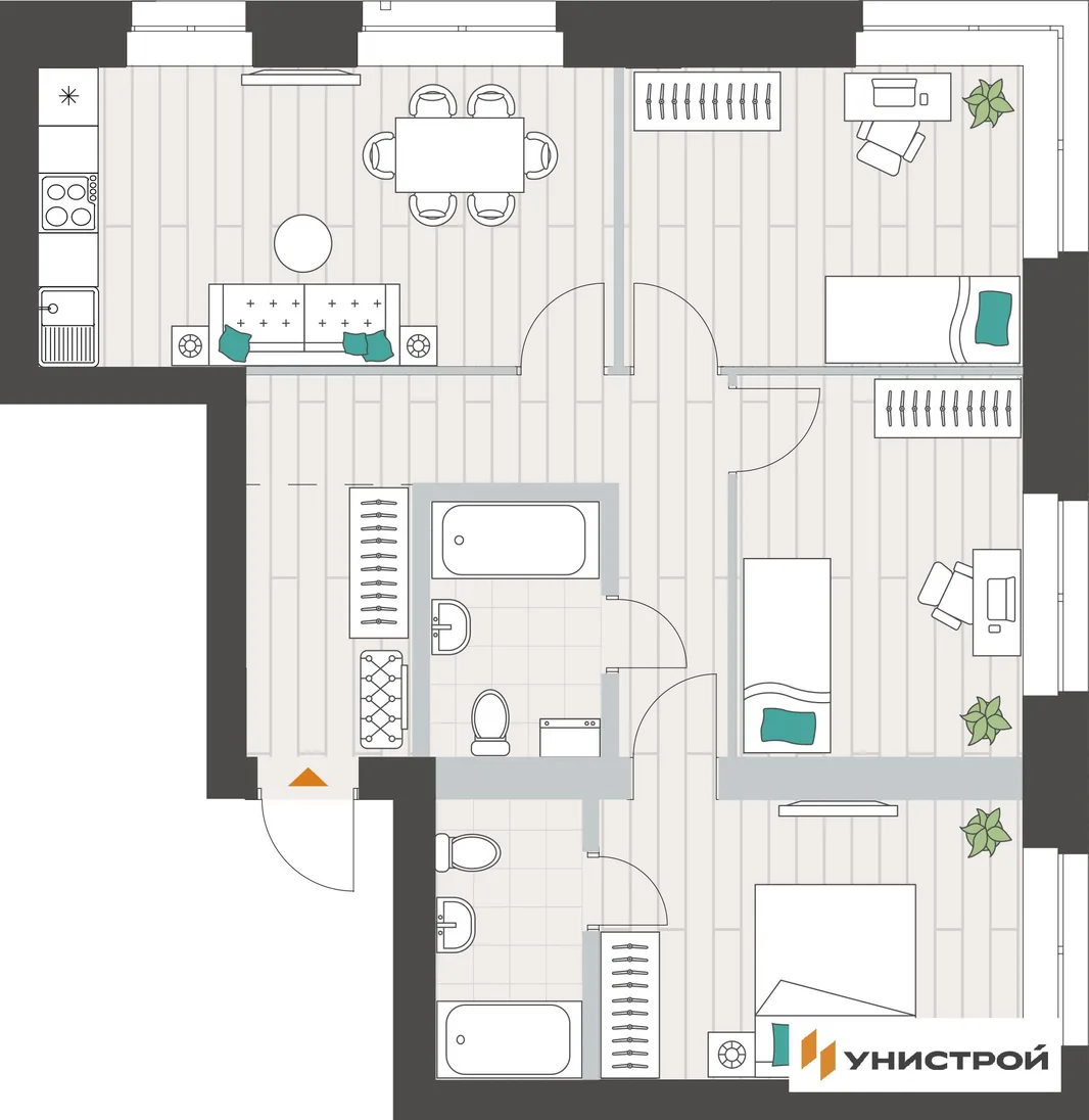 Планировка 3-комн. квартира, 73.37 м² ЖК «Аквамарин»