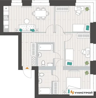Планировка 3-комн. квартира, 73.37 м² ЖК «Аквамарин»