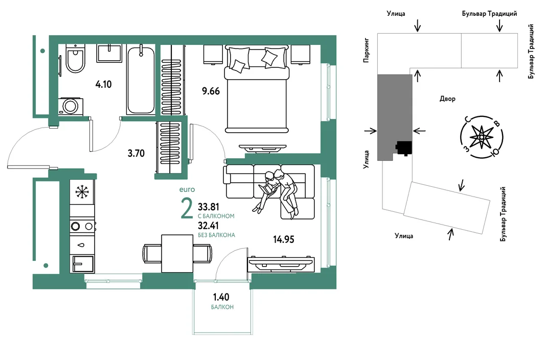 Планировка 2-комн. квартира, 33.81 м² ЖК «Микрорайон Домашний»