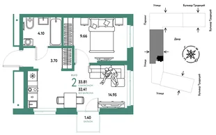 Планировка 2-комн. квартира, 33.81 м² ЖК «Микрорайон Домашний»