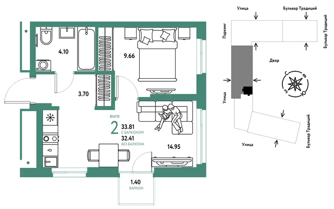 Планировка 2-комн. квартира, 33.81 м² ЖК «Микрорайон Домашний» Планировка 2-комн. квартира, 33.81 м² ЖК «Микрорайон Домашний»