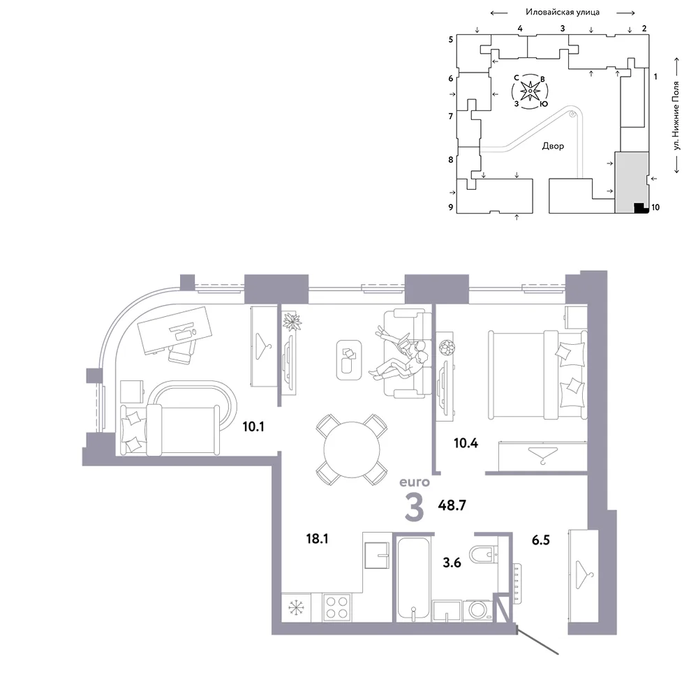 Планировка 3-комн. квартира, 48.7 м² ЖК «Страна.Заречная»