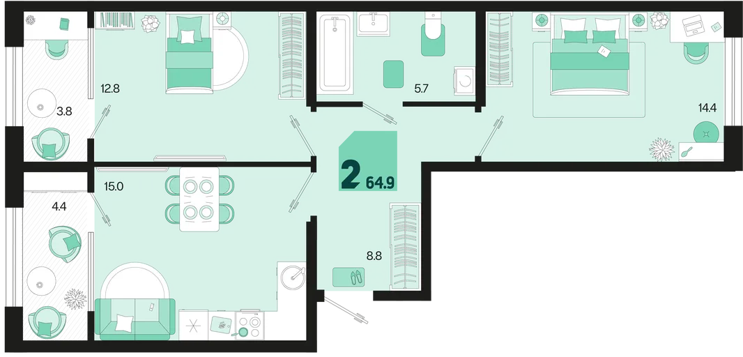 Планировка 2-комн. квартира, 64.9 м² ЖК «Первое место»