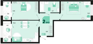 Планировка 2-комн. квартира, 64.9 м² ЖК «Первое место»