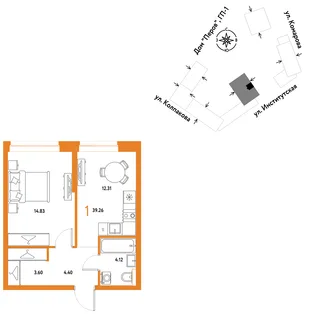 Планировка 1-комн. квартира, 39.26 м² ЖК «Страна.Парковая»