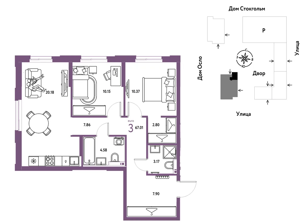 Планировка 3-комн. квартира, 67.01 м² ЖК «Европейский берег 2.0»
