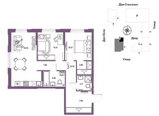 Планировка 3-комн. квартира, 67.01 м² ЖК «Европейский берег 2.0»