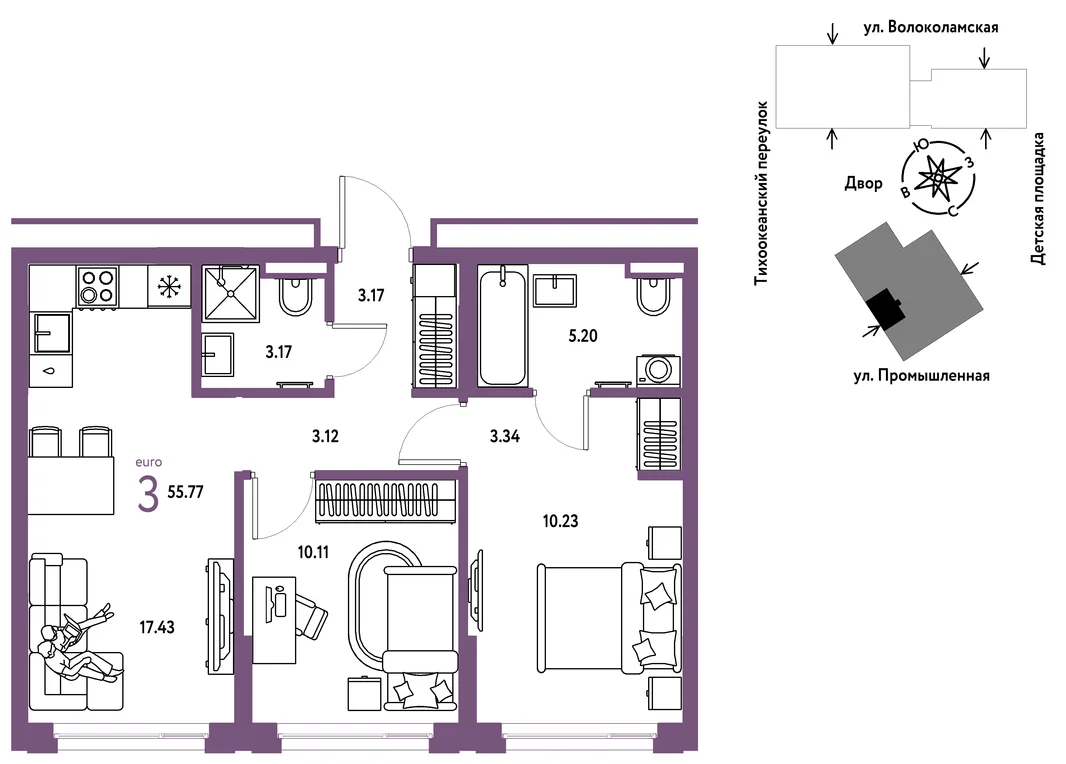 Планировка 3-комн. квартира, 55.77 м² ЖК «Страна Прибрежная»