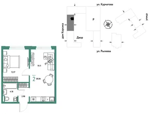 Планировка 2-комн. квартира, 38.83 м² ЖК «Остров-сад»