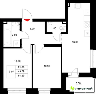 Планировка 2-комн. квартира, 51.29 м² ЖК «Уникод на Технической»