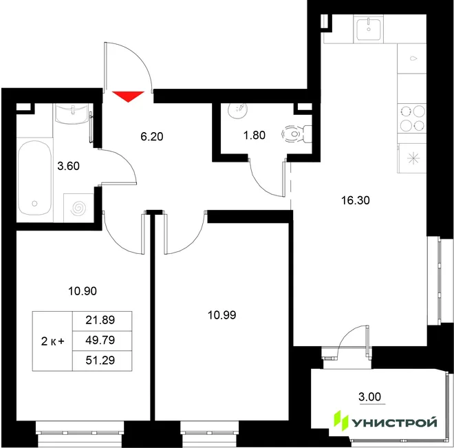 Планировка 2-комн. квартира, 51.29 м² ЖК «Уникод на Технической»