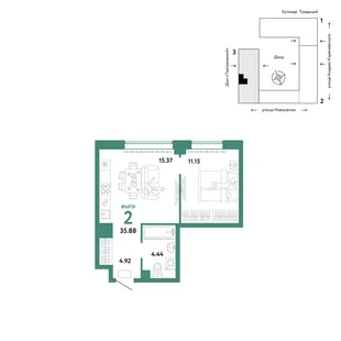 Планировка 2-комн. квартира, 35.88 м² ЖК «Микрорайон Домашний»