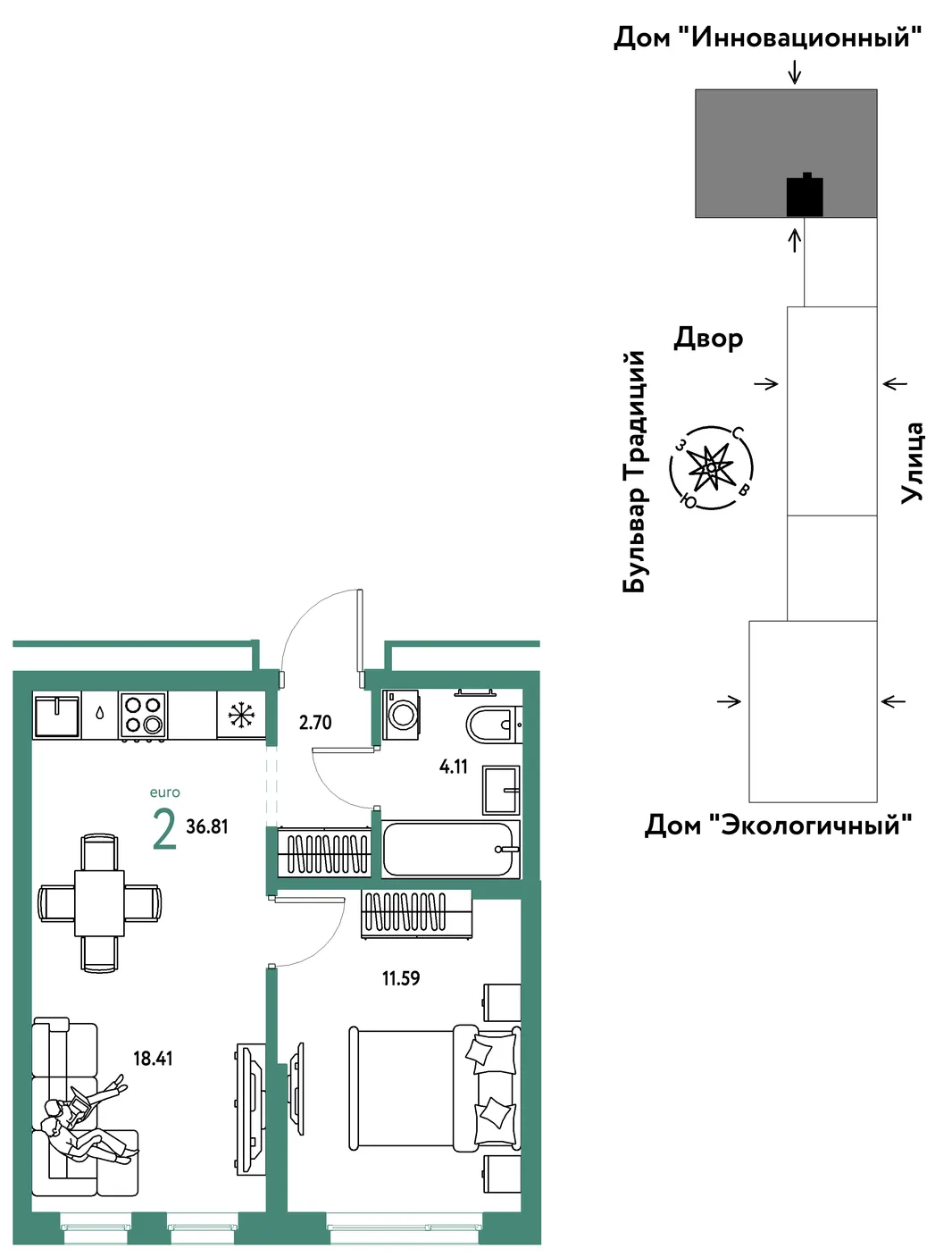 Планировка 2-комн. квартира, 36.81 м² ЖК «Микрорайон Домашний»