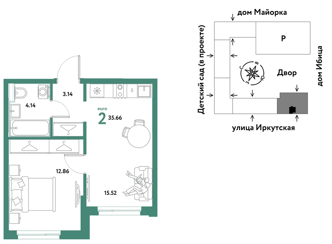 Планировка 2-комн. квартира, 35.66 м² ЖК «Остров-сад»