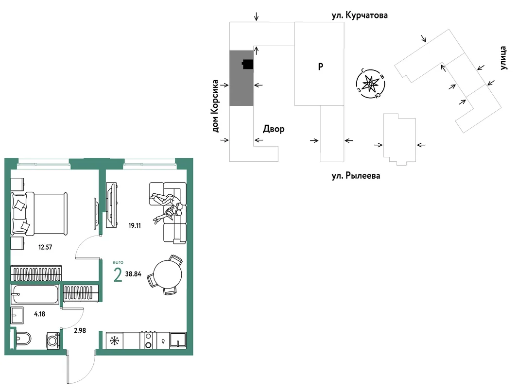 Планировка 2-комн. квартира, 38.84 м² ЖК «Остров-сад»
