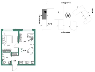 Планировка 2-комн. квартира, 38.84 м² ЖК «Остров-сад»