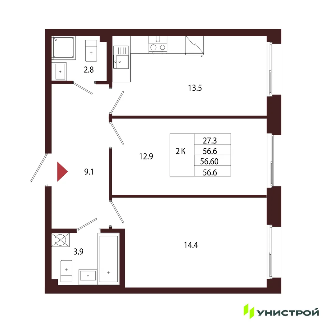 Планировка 2-комн. квартира, 56.6 м² ЖК «Лисино»