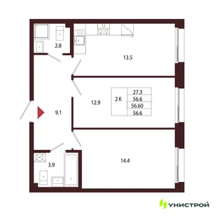 Планировка 2-комн. квартира, 56.6 м² ЖК «Лисино»
