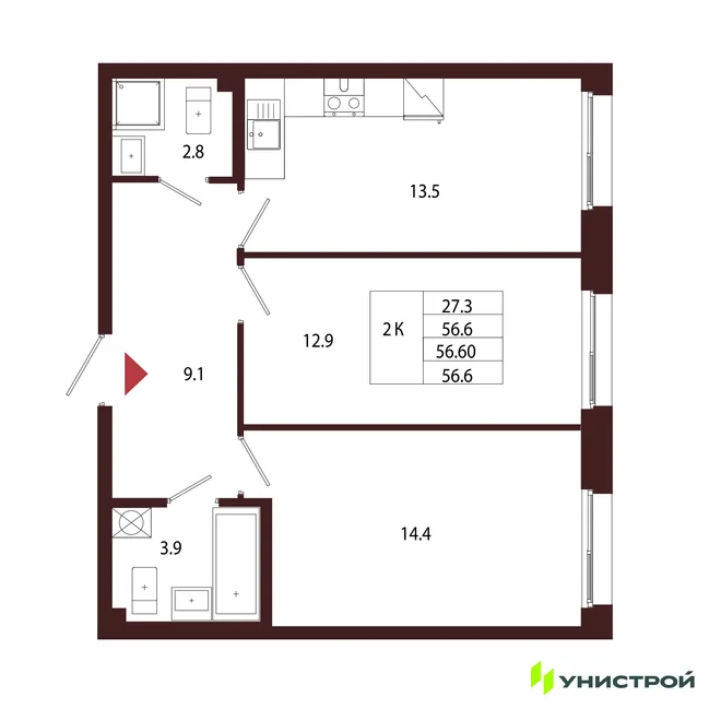 Планировка 2-комн. квартира, 56.6 м² ЖК «Лисино» Планировка 2-комн. квартира, 56.6 м² ЖК «Лисино»
