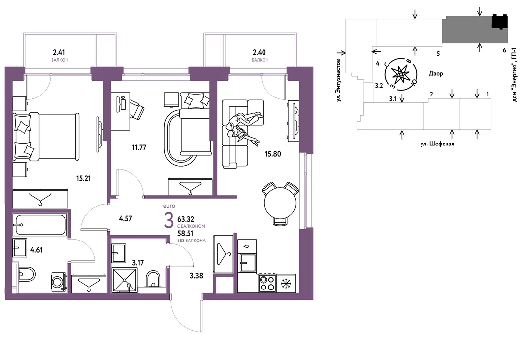Планировка 3-комн. квартира, 63.31 м² ЖК «Страна.Энтузиастов»