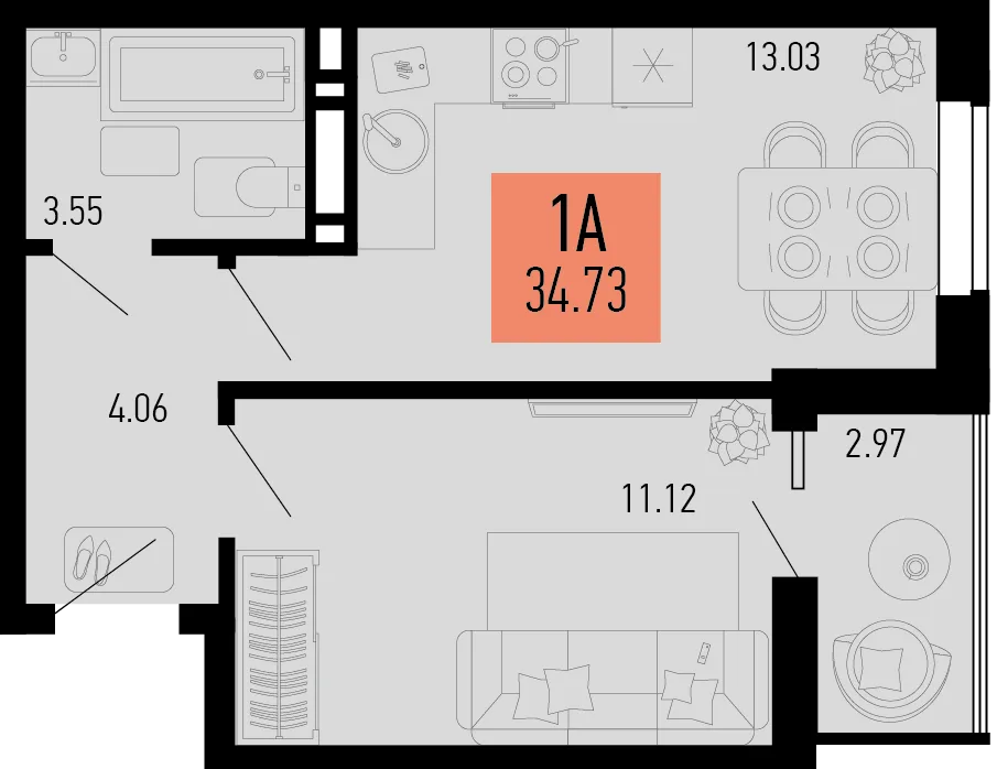 Планировка 1-комн. квартира, 34.73 м² ЖК «Столицыно»