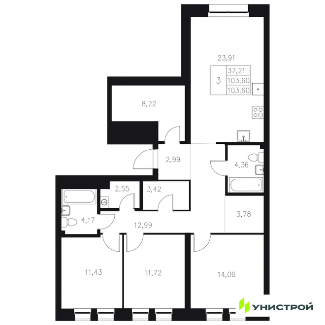Планировка 3-комн. квартира, 103.6 м² ЖК «Statum»