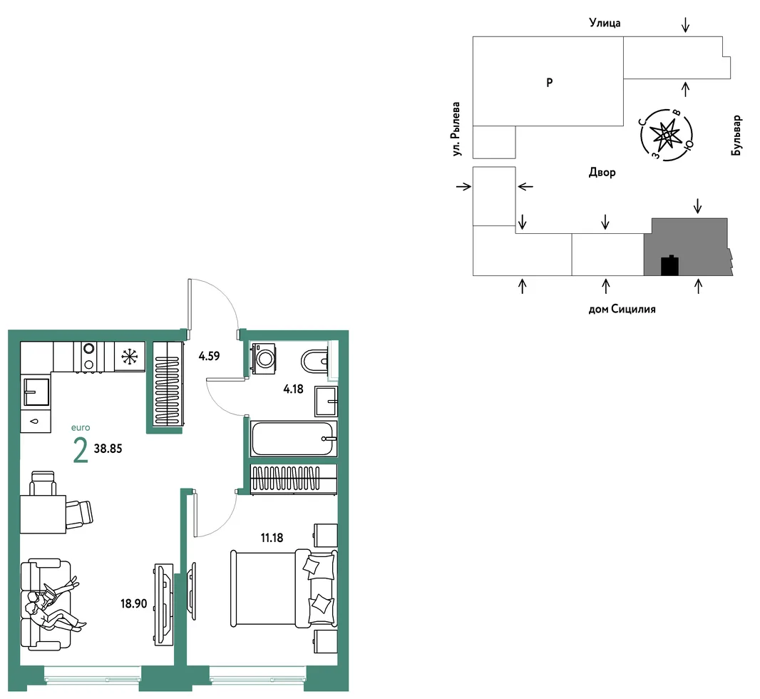 Планировка 2-комн. квартира, 38.85 м² ЖК «Остров-сад»