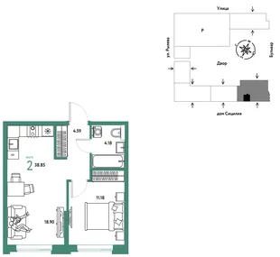 Планировка 2-комн. квартира, 38.85 м² ЖК «Остров-сад»