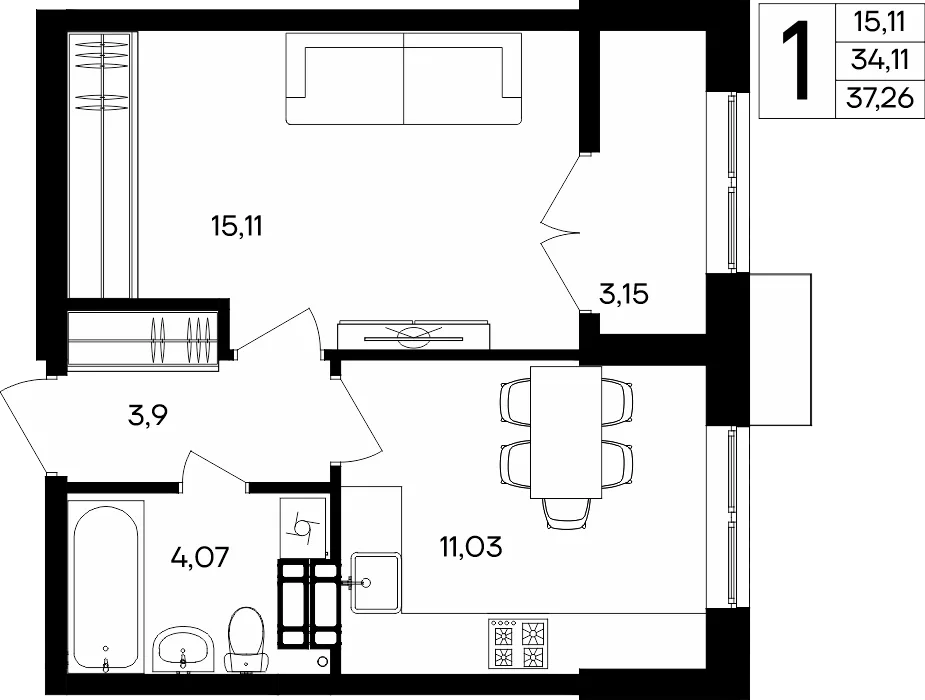 Планировка 1-комн. квартира, 37.26 м² ЖК «Семисчастье»