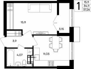 Планировка 1-комн. квартира, 37.26 м² ЖК «Семисчастье»