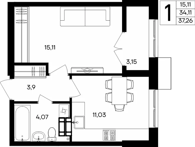 Планировка 1-комн. квартира, 37.26 м² ЖК «Семисчастье»
