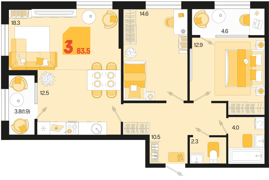 Планировка 3-комн. квартира, 83.5 м² ЖК «Первое место»