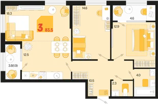 Планировка 3-комн. квартира, 83.5 м² ЖК «Первое место»