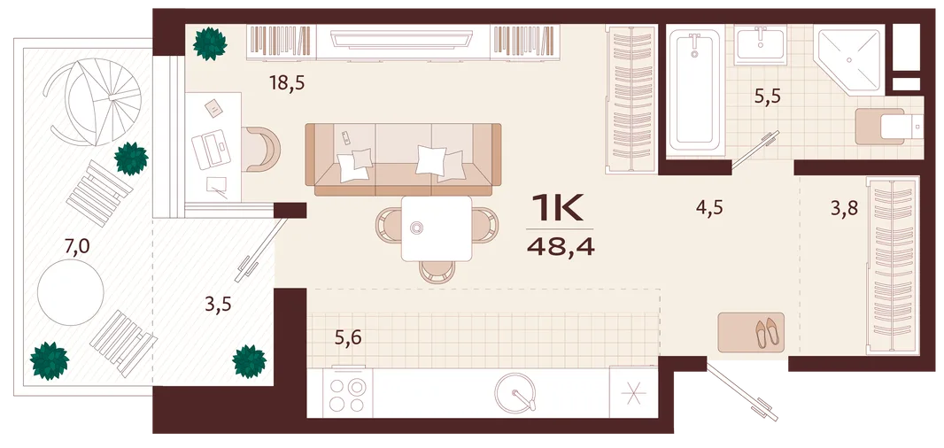 Планировка 1-комн. квартира, 48.4 м² ЖК «Роялта»