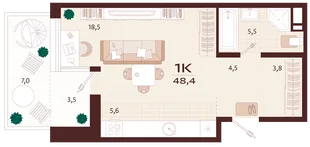 Планировка 1-комн. квартира, 48.4 м² ЖК «Роялта»
