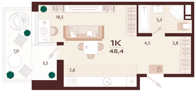 Планировка 1-комн. квартира, 48.4 м² ЖК «Роялта» Планировка 1-комн. квартира, 48.4 м² ЖК «Роялта»