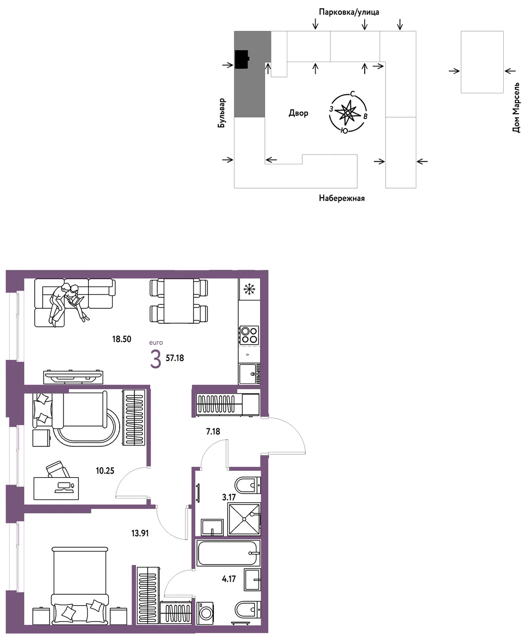 Планировка 3-комн. квартира, 57.18 м² ЖК «Европейский берег 2.0»