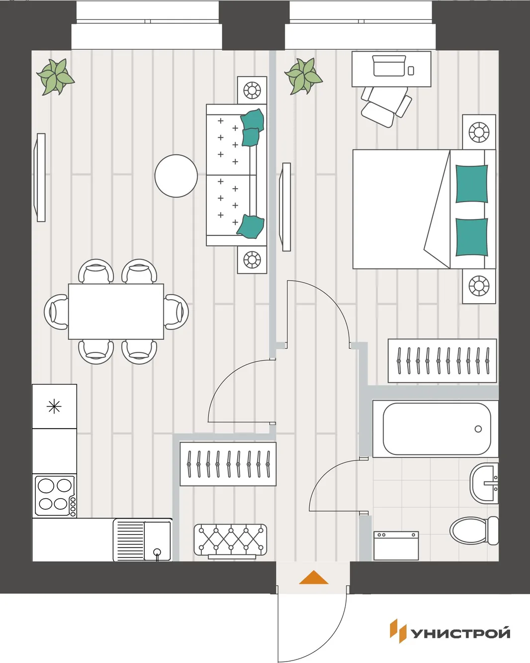 Планировка 1-комн. квартира, 42.02 м² ЖК «Аквамарин»