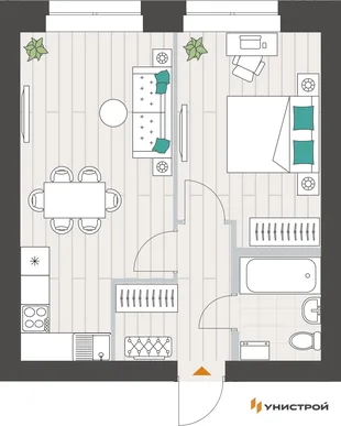 Планировка 1-комн. квартира, 42.02 м² ЖК «Аквамарин»