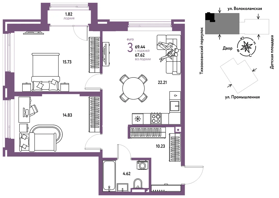 Планировка 3-комн. квартира, 69.44 м² ЖК «Страна Прибрежная»