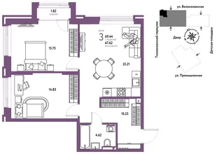 Планировка 3-комн. квартира, 69.44 м² ЖК «Страна Прибрежная»
