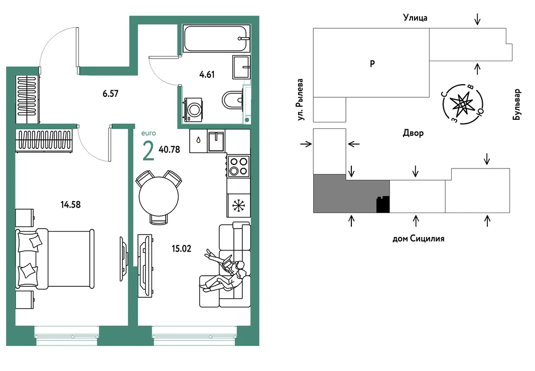 Планировка 2-комн. квартира, 40.78 м² ЖК «Остров-сад»