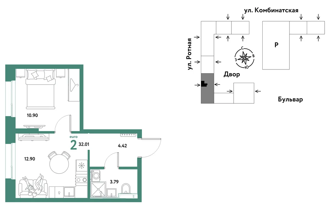 Планировка 2-комн. квартира, 31.82 м² ЖК «Уральский сад»
