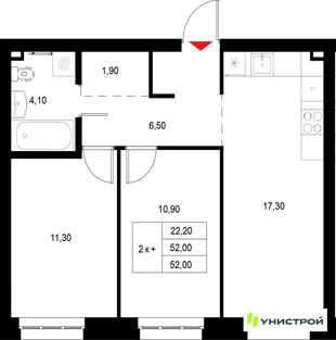 Планировка 2-комн. квартира, 52 м² ЖК «Уникод на Технической»