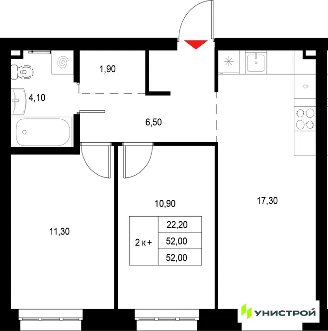 Планировка 2-комн. квартира, 52 м² ЖК «Уникод на Технической»